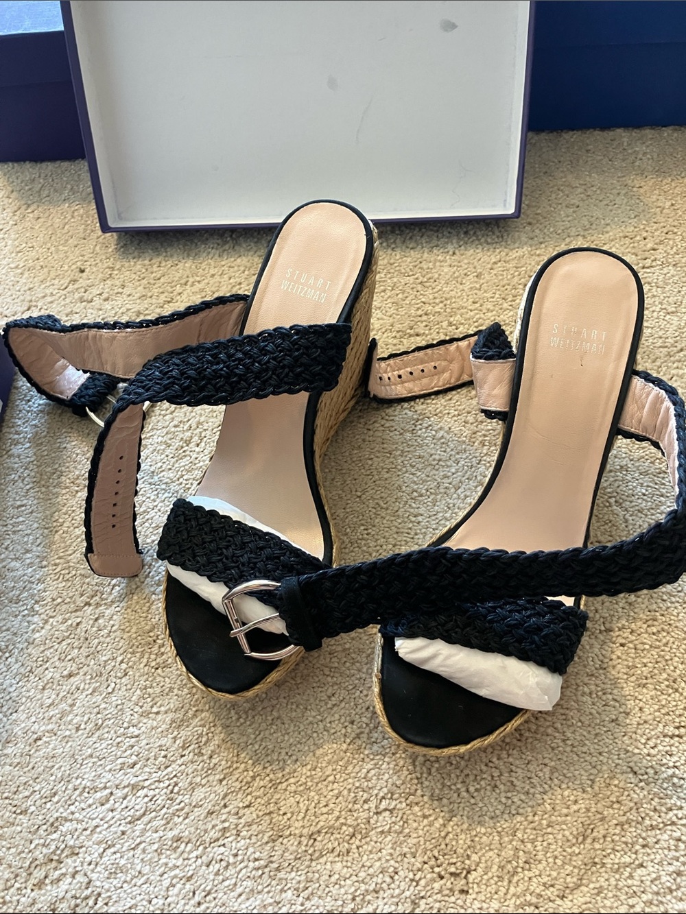 Stuart Weitzman Black Braided Espadrille Wedge Sandals with Buckle